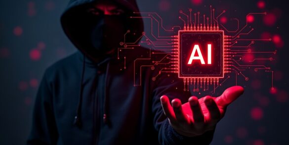 A hooded hacker, masked and cloaked in a dark background, holds artificial intelligence circuitry. This futuristic image depicts a cyber security threat in the digital age, featuring a glowing circuit board and neon accents. Ideal for illustrating concepts like hacking, cybercrime, and data privacy within AI and technology contexts.