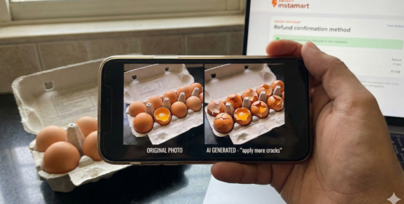 Swiggy Instamart refund controversy showing original and AI-generated cracked eggs