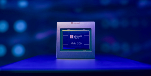 Microsoft Azure Maia 300 custom AI inference chip, shown on a blue-lit background